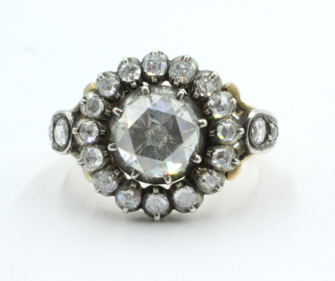 Roosdiamanten ring, 14 karaats goud en zilver. De middensteen 1.105 ct